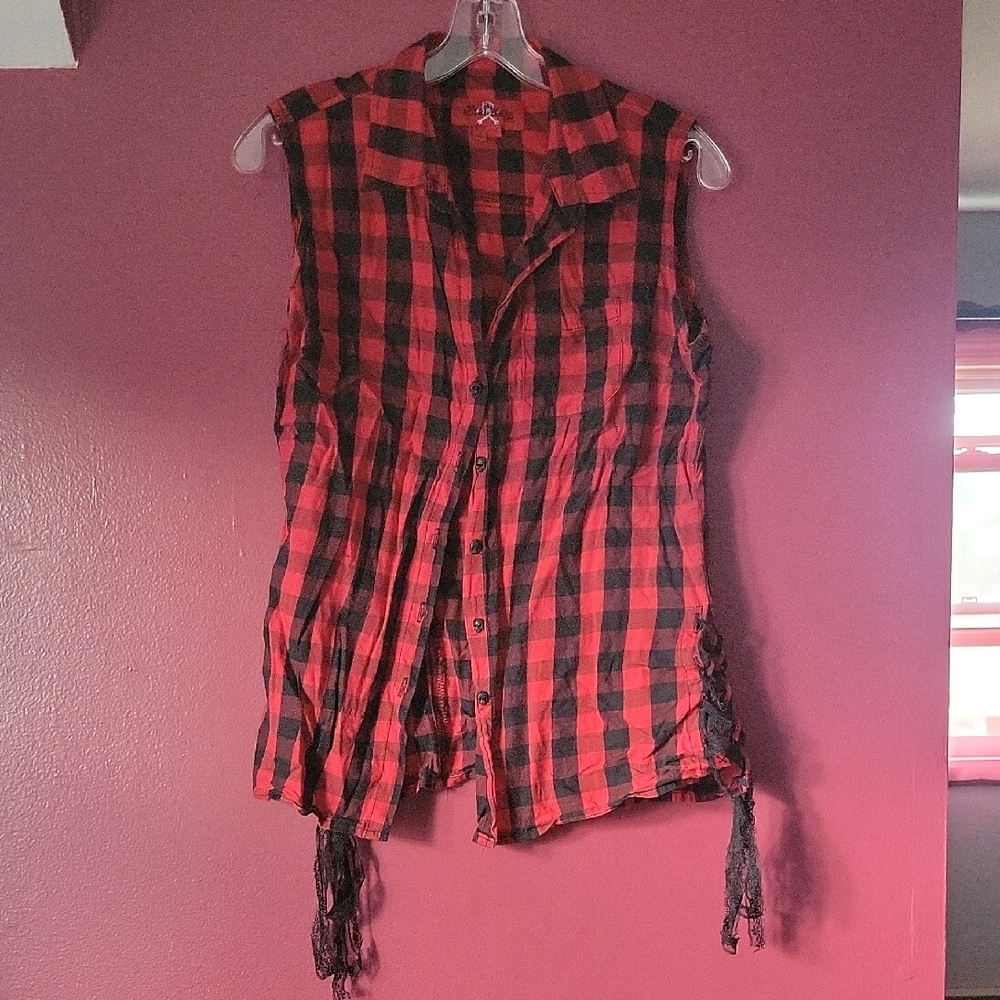 Royal Bones Red and Black Plaid Button-Down Sleeveless Shirt